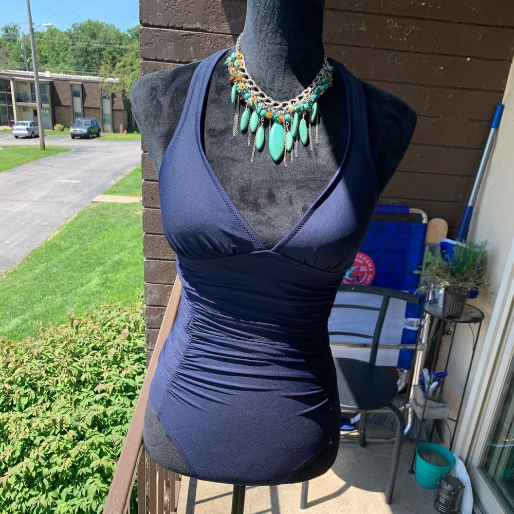 J. Crew Ruched, One Piece Navy Swimsuit